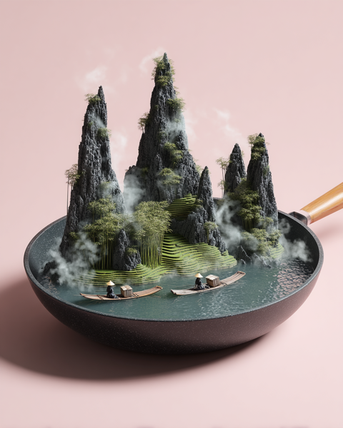 Frying pan with a mountain landscape inside